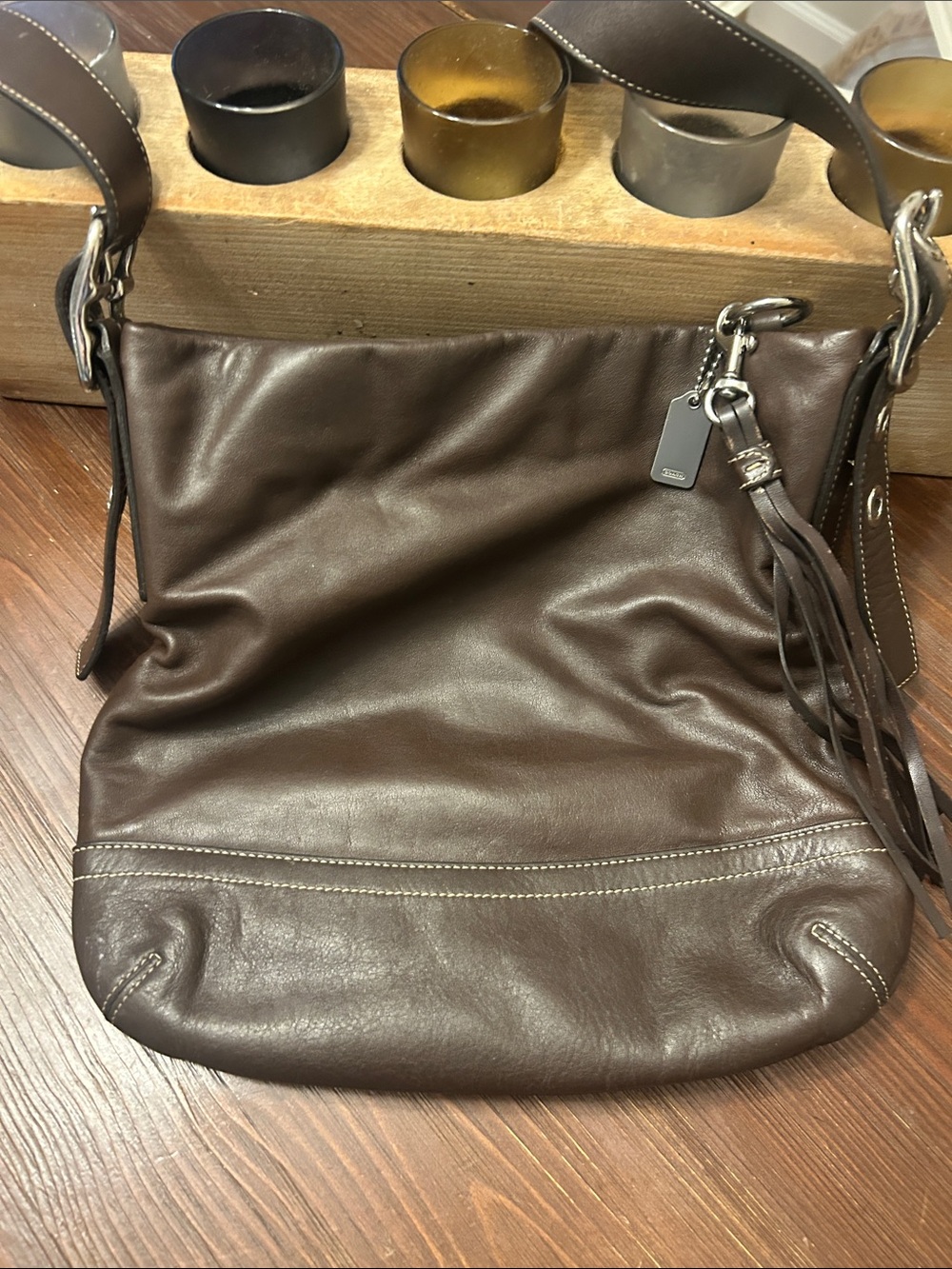Coach Dark Brown Leather Shoulder Bag with Tassel Charm